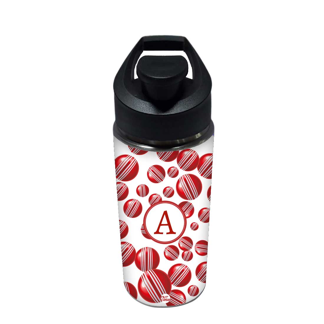 Personalized Sports Water Bottle For Kids  - Red Cricket Ball Nutcase