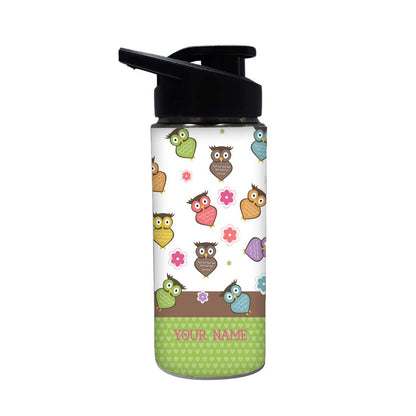 Customised Water Bottle with Name Printed-Owl and Floral Nutcase