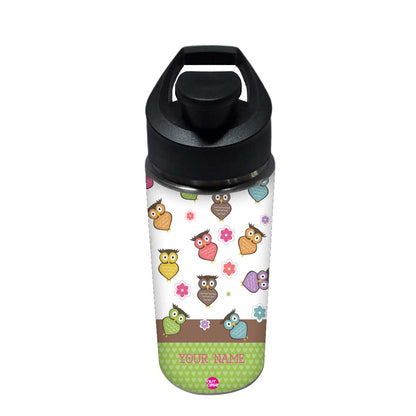 Customised Water Bottle with Name Printed-Owl and Floral Nutcase