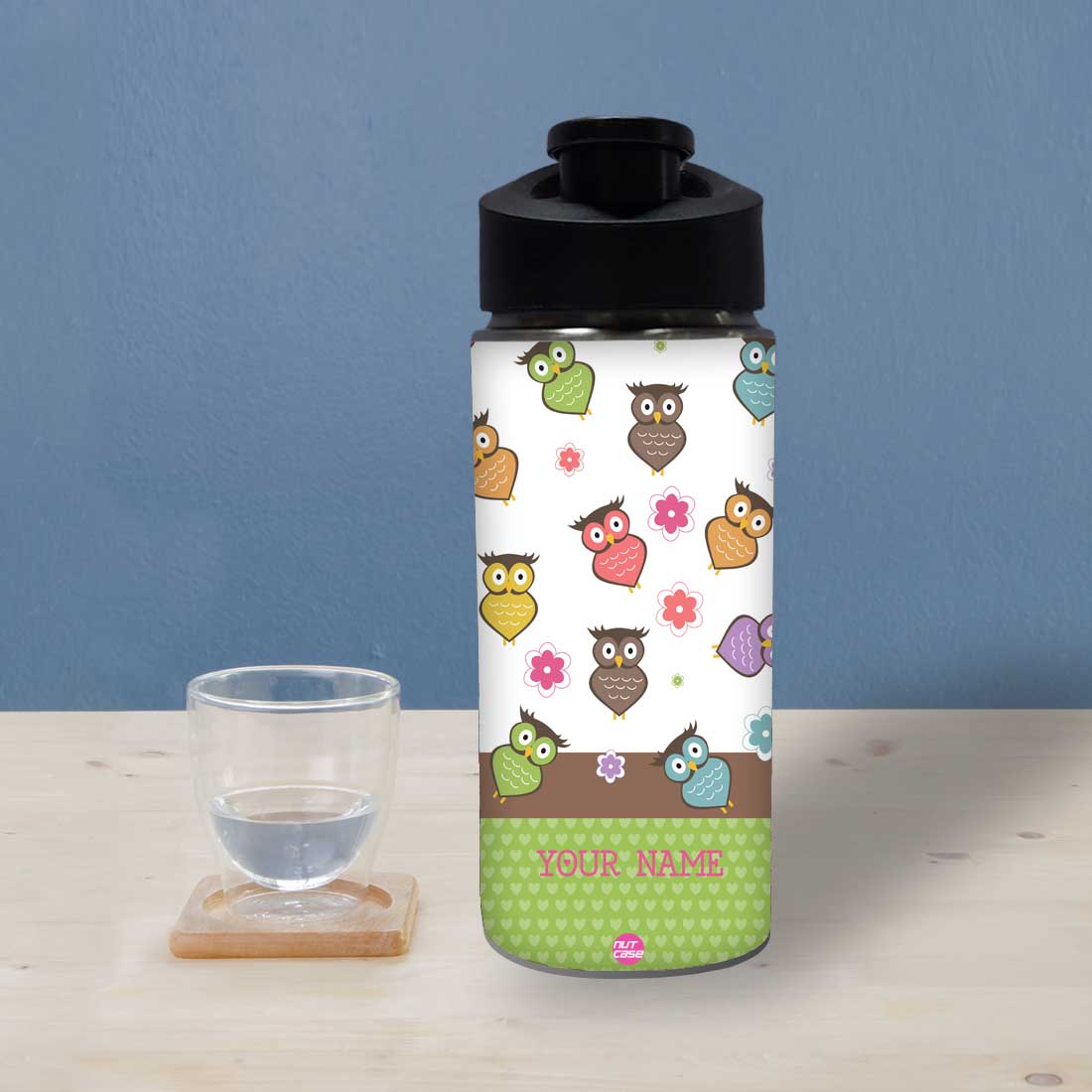 Customised Water Bottle with Name Printed-Owl and Floral Nutcase