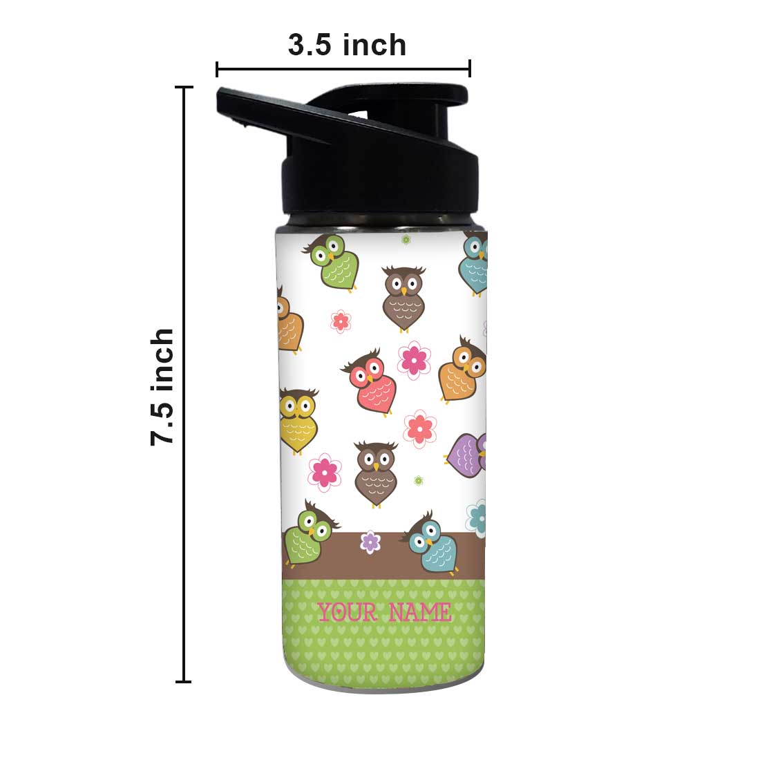 Customised Water Bottle with Name Printed-Owl and Floral Nutcase