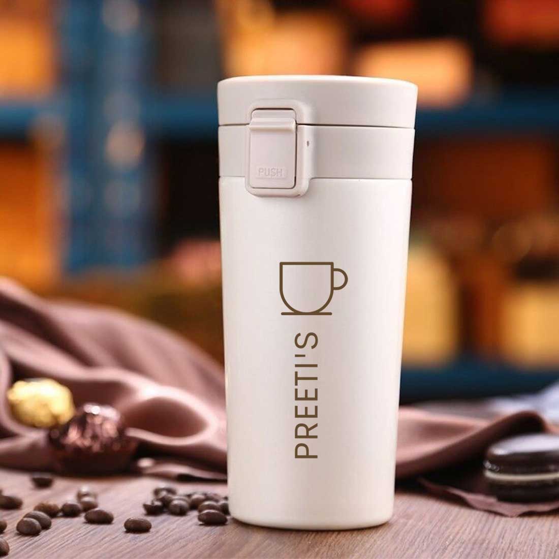 Personalized Travel Coffee Flask Sipper With Name Engraved Stainless Steel Flask Tea Cup WHITE