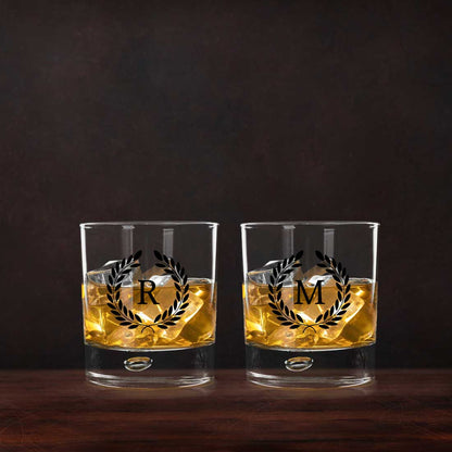 Custom Whiskey Glass Set with Monogram in a Black Gift Box