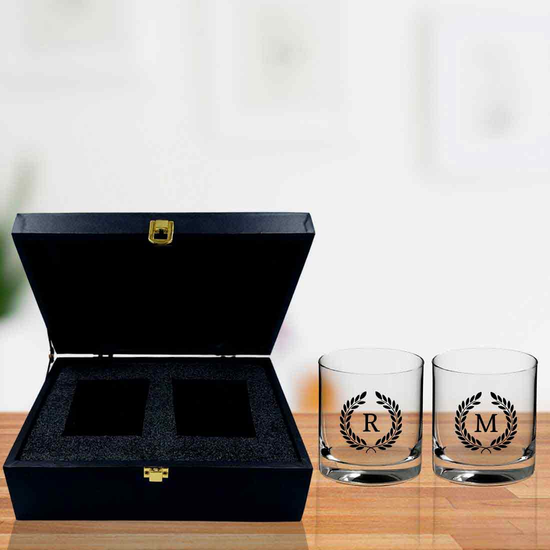 Custom Whiskey Glass Set with Monogram in a Black Gift Box