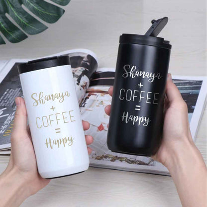 Customized Insulated Thermos Cup for Tea with Name Engraved Design (400 ML) - Happy