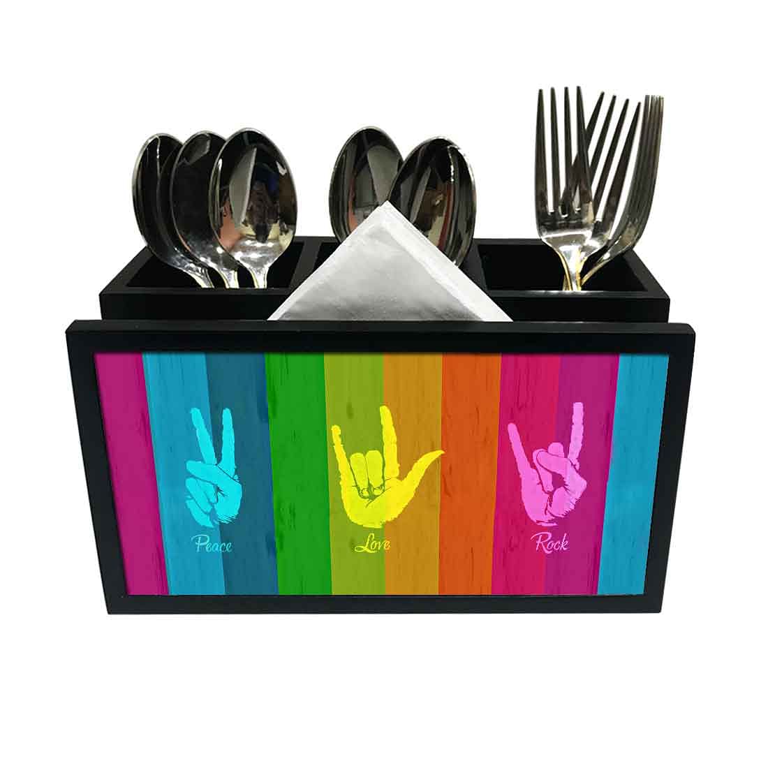 Cutlery Tissue Holder Napkin Stand -  Peace Love Rock Nutcase