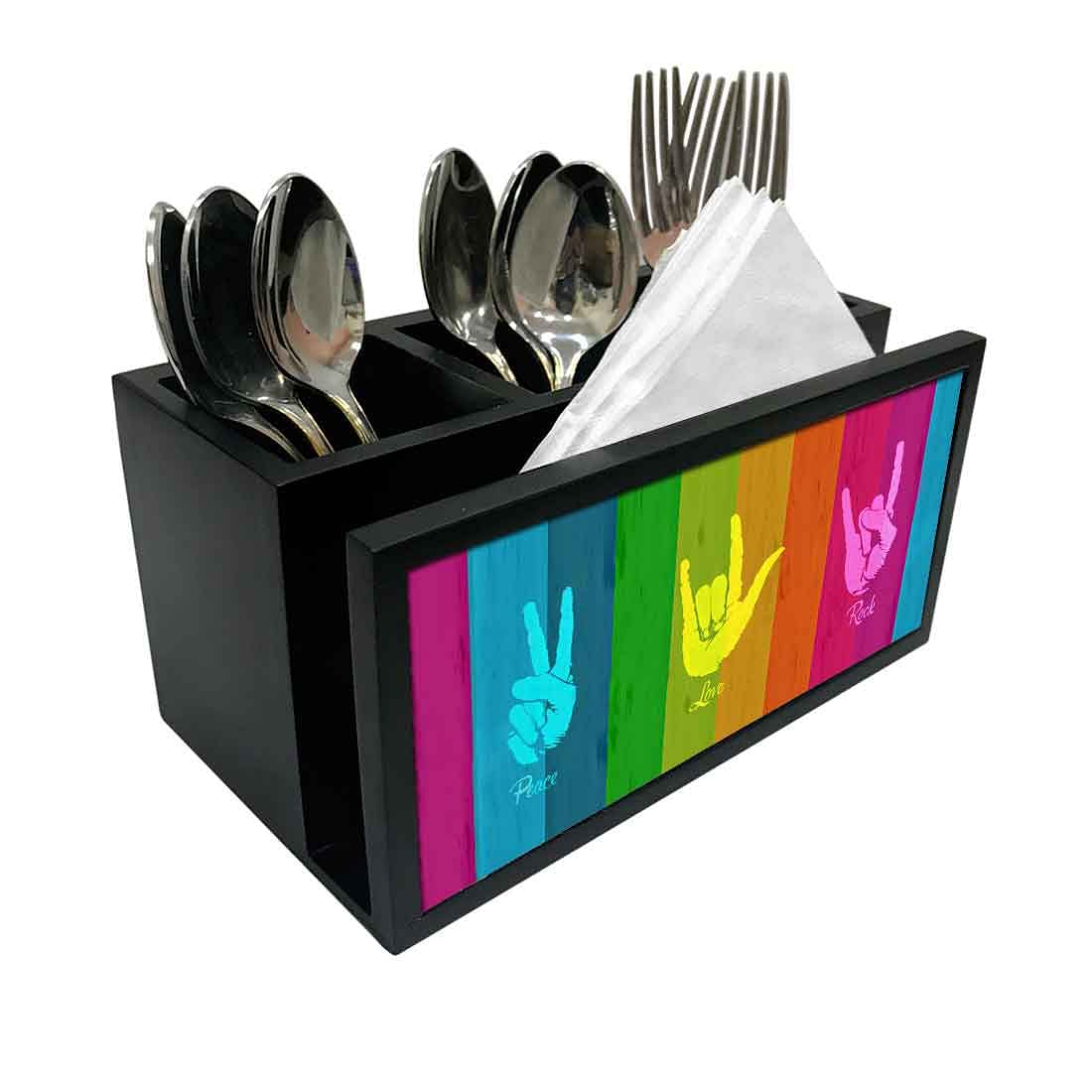 Cutlery Tissue Holder Napkin Stand -  Peace Love Rock Nutcase