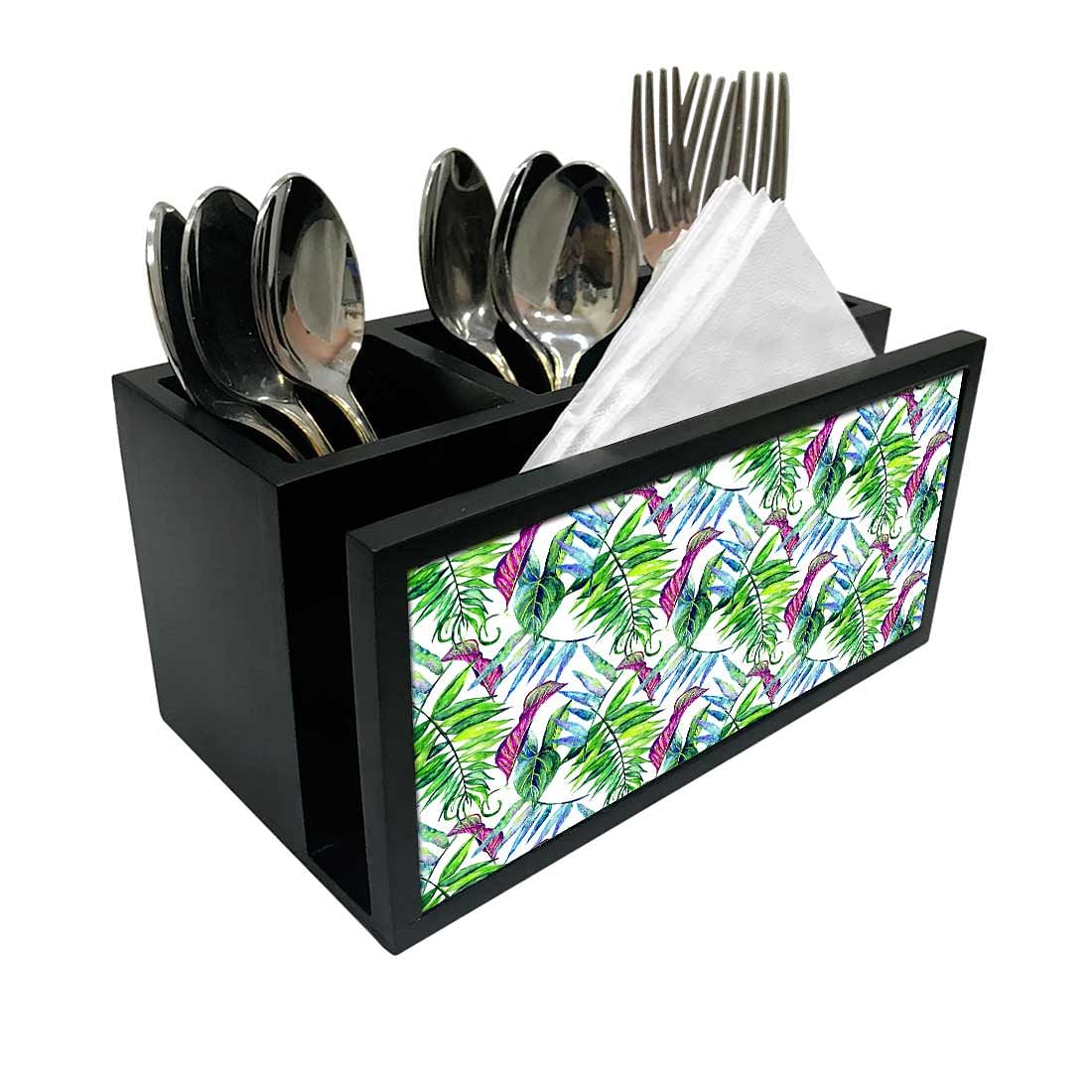 Cutlery Tissue Holder Napkin Stand -  Green and Purple Tropical Leaf Nutcase