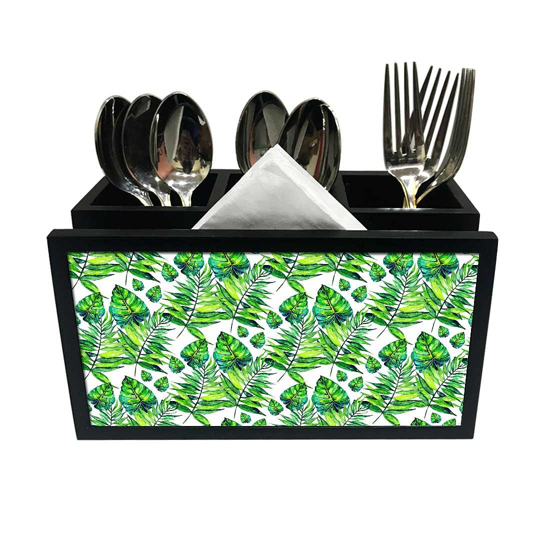 Cutlery Tissue Holder Napkin Stand -  Dark Green Tropical Leaf Nutcase