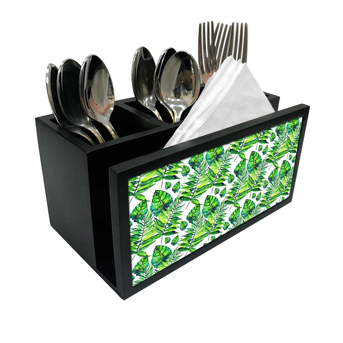 Cutlery Tissue Holder Napkin Stand -  Dark Green Tropical Leaf Nutcase