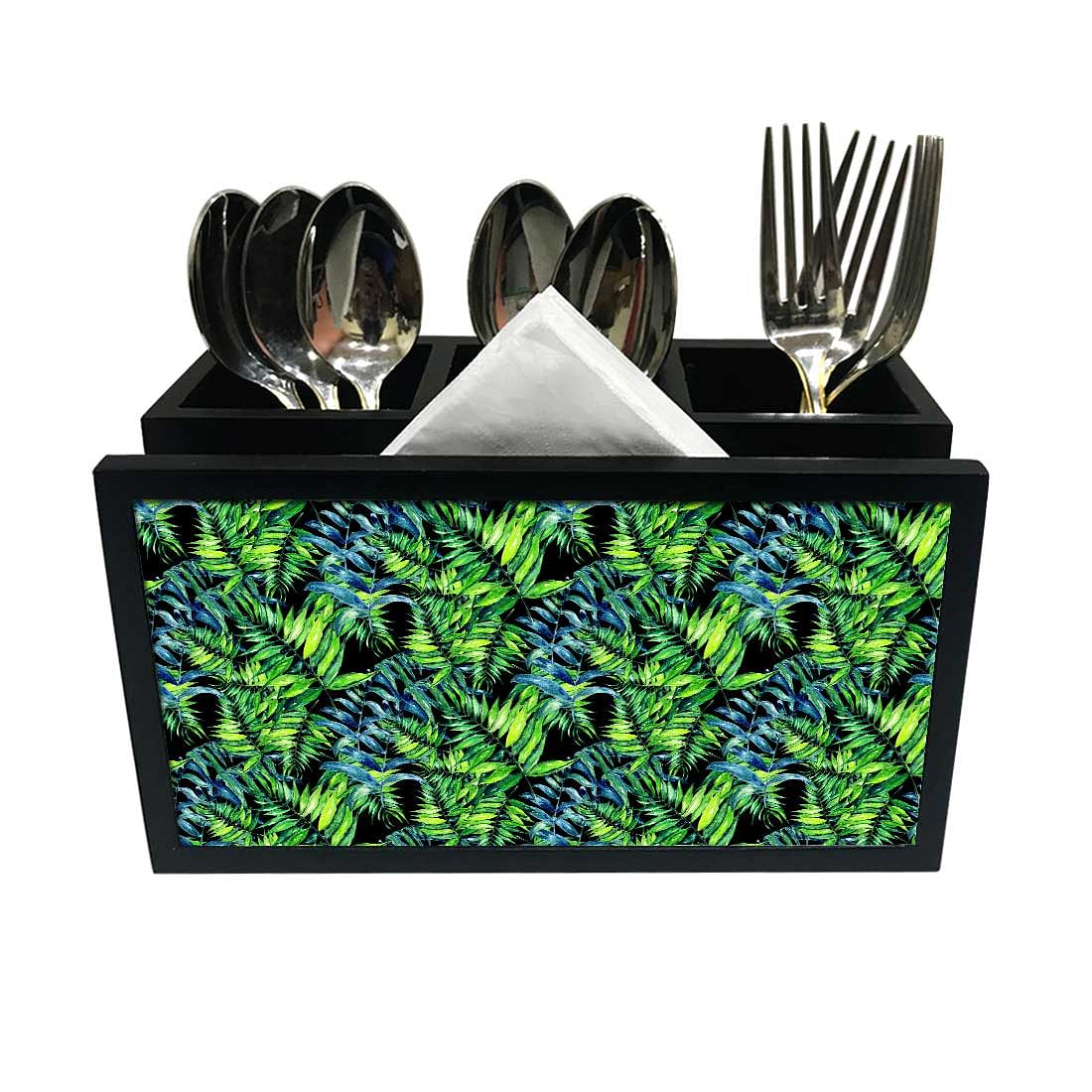 Cutlery Tissue Holder Napkin Stand -  Green Black Tropical Leaf Nutcase