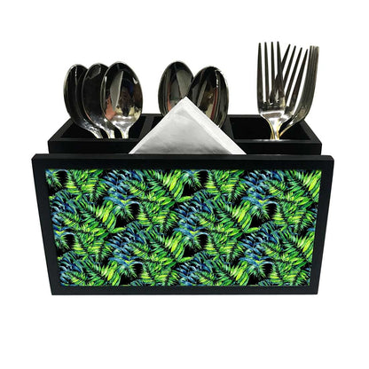 Cutlery Tissue Holder Napkin Stand -  Green Black Tropical Leaf Nutcase