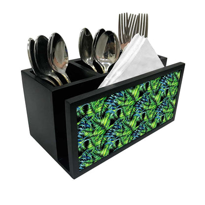 Cutlery Tissue Holder Napkin Stand -  Green Black Tropical Leaf Nutcase