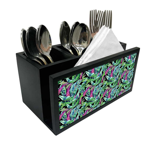 Cutlery Tissue Holder Napkin Stand -  Purple and Green Tropical Leaf Nutcase