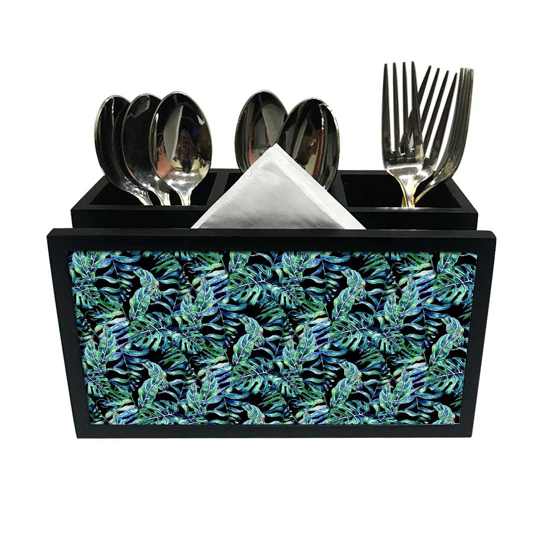 Cutlery Tissue Holder Napkin Stand -  Dark Green Tropical Leaf Nutcase