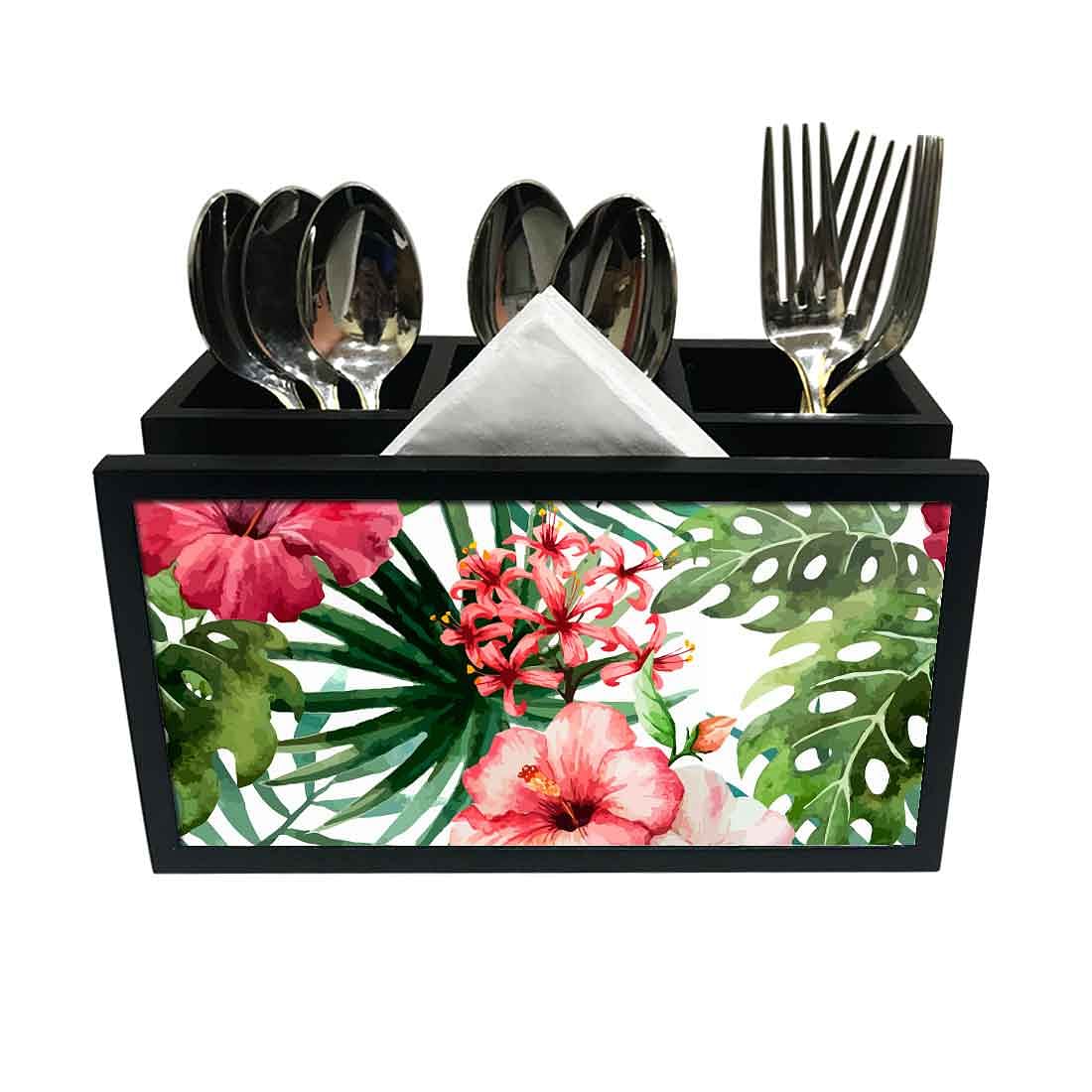 Cutlery Tissue Holder Napkin Stand -  Hibiscus and Green Leaf Nutcase