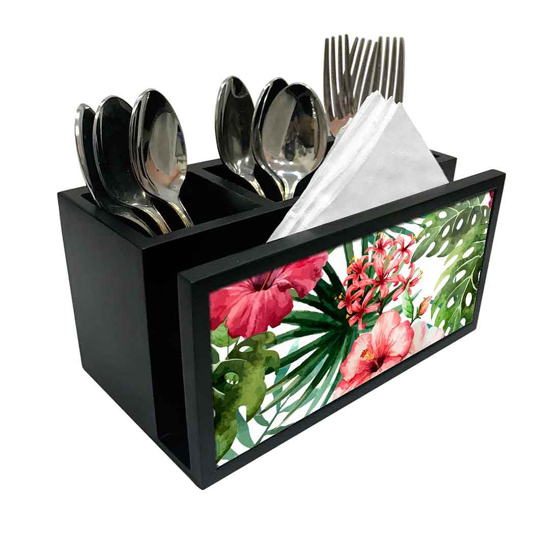 Cutlery Tissue Holder Napkin Stand -  Hibiscus and Green Leaf Nutcase