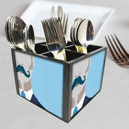 Hipster Man Cutlery Holder Stand Silverware Caddy Organizer for Spoons, Forks & Knives-Made of Pinewood