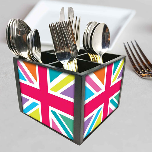 Multicolor Union Jack British Flag Cutlery Holder Stand Silverware Caddy Organizer for Spoons, Forks & Knives-Made of Pinewood