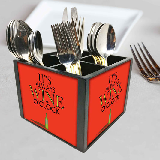 Its Always Wine O'Clock Red Cutlery Holder Stand Silverware Caddy Organizer for Spoons, Forks & Knives-Made of Pinewood