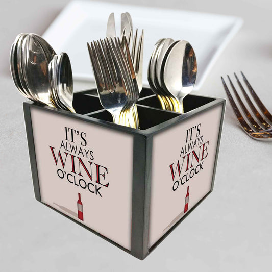 Its Always Wine O'Clock White Cutlery Holder Stand Silverware Caddy Organizer for Spoons, Forks & Knives-Made of Pinewood