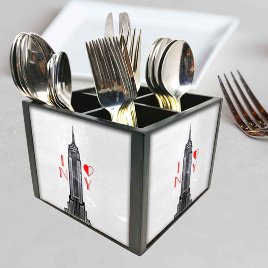 I Love City Cutlery Holder Stand Silverware Caddy Organizer for Spoons, Forks & Knives-Made of Pinewood