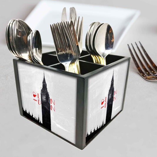 I Love London City Cutlery Holder Stand Silverware Caddy Organizer for Spoons, Forks & Knives-Made of Pinewood
