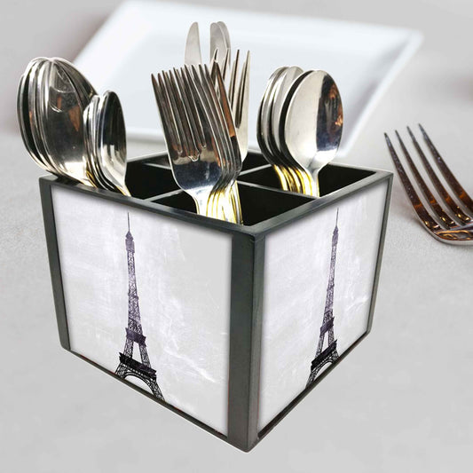 Paris City art Cutlery Holder Stand Silverware Caddy Organizer for Spoons, Forks & Knives-Made of Pinewood