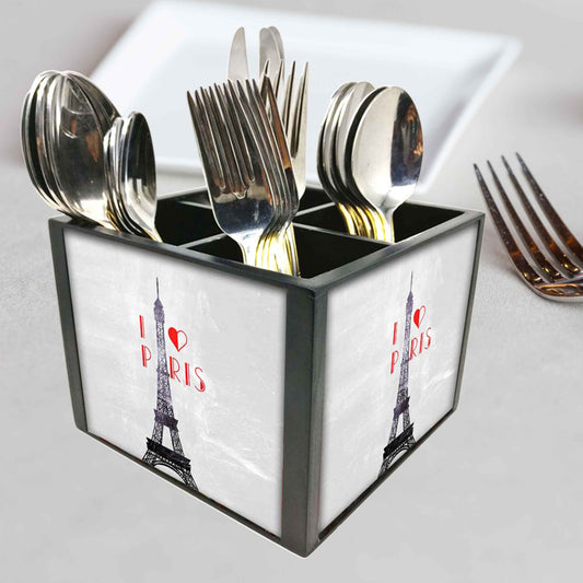 I Love Paris City  Cutlery Holder Stand Silverware Caddy Organizer for Spoons, Forks & Knives-Made of Pinewood