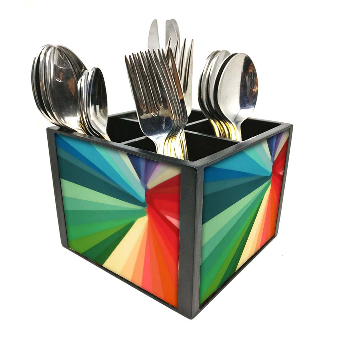Multicolor Strips Cutlery Holder Stand Silverware Caddy Organizer for Spoons, Forks & Knives-Made of Pinewood Nutcase