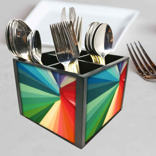 Multicolor Strips Cutlery Holder Stand Silverware Caddy Organizer for Spoons, Forks & Knives-Made of Pinewood