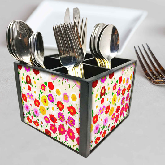 Pretty Little Flowers Cutlery Holder Stand Silverware Caddy Organizer for Spoons, Forks & Knives-Made of Pinewood