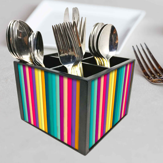 Multicolor Lines Cutlery Holder Stand Silverware Caddy Organizer for Spoons, Forks & Knives-Made of Pinewood