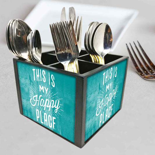 This My Happy Place Cutlery Holder Stand Silverware Caddy Organizer for Spoons, Forks & Knives-Made of Pinewood