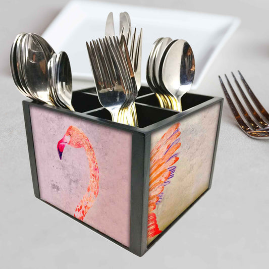 Flamingo Face Cutlery Holder Stand Silverware Caddy Organizer for Spoons, Forks & Knives-Made of Pinewood