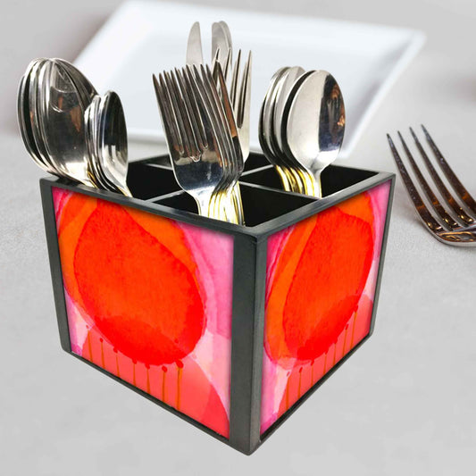 Red Watercolour Cutlery Holder Stand Silverware Caddy Organizer for Spoons, Forks & Knives-Made of Pinewood