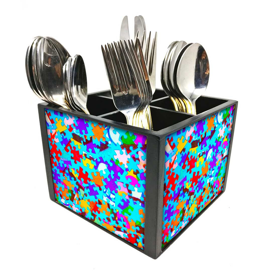 Puzzle Cutlery Holder Stand Silverware Caddy Organizer for Spoons, Forks & Knives-Made of Pinewood Nutcase