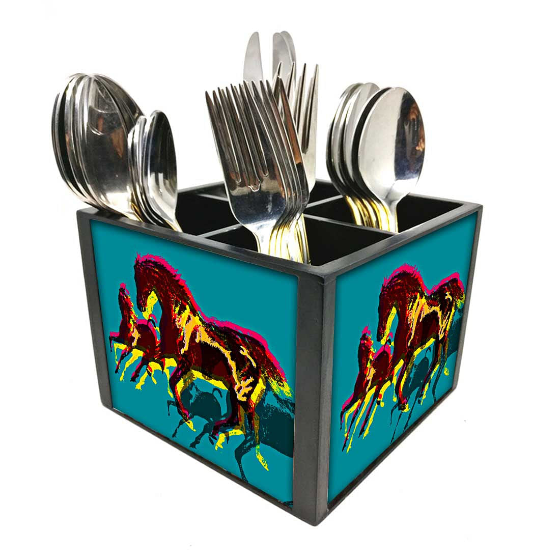 Power Horses Cutlery Holder Stand Silverware Caddy Organizer for Spoons, Forks & Knives-Made of Pinewood Nutcase