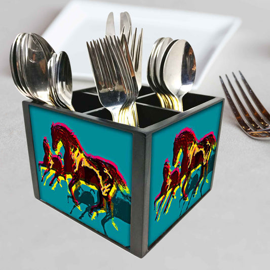 Power Horses Cutlery Holder Stand Silverware Caddy Organizer for Spoons, Forks & Knives-Made of Pinewood