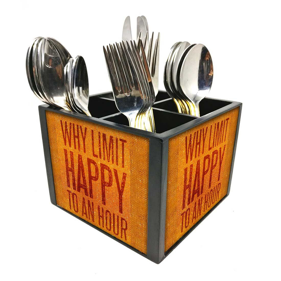 Why Limit Happy Cutlery Holder Stand Silverware Caddy Organizer for Spoons, Forks & Knives-Made of Pinewood Nutcase