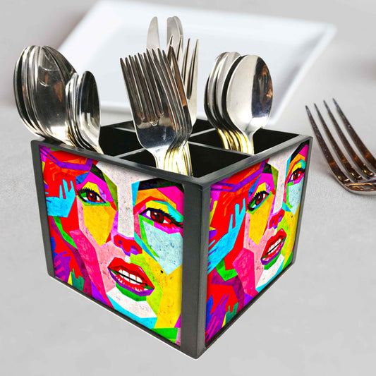 Marilyn Art Cutlery Holder Stand Silverware Caddy Organizer for Spoons, Forks & Knives-Made of Pinewood