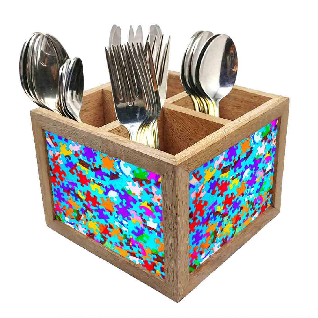 Puzzle Cutlery Holder Stand Silverware Caddy Organizer for Spoons, Forks & Knives-Made of Pinewood Nutcase