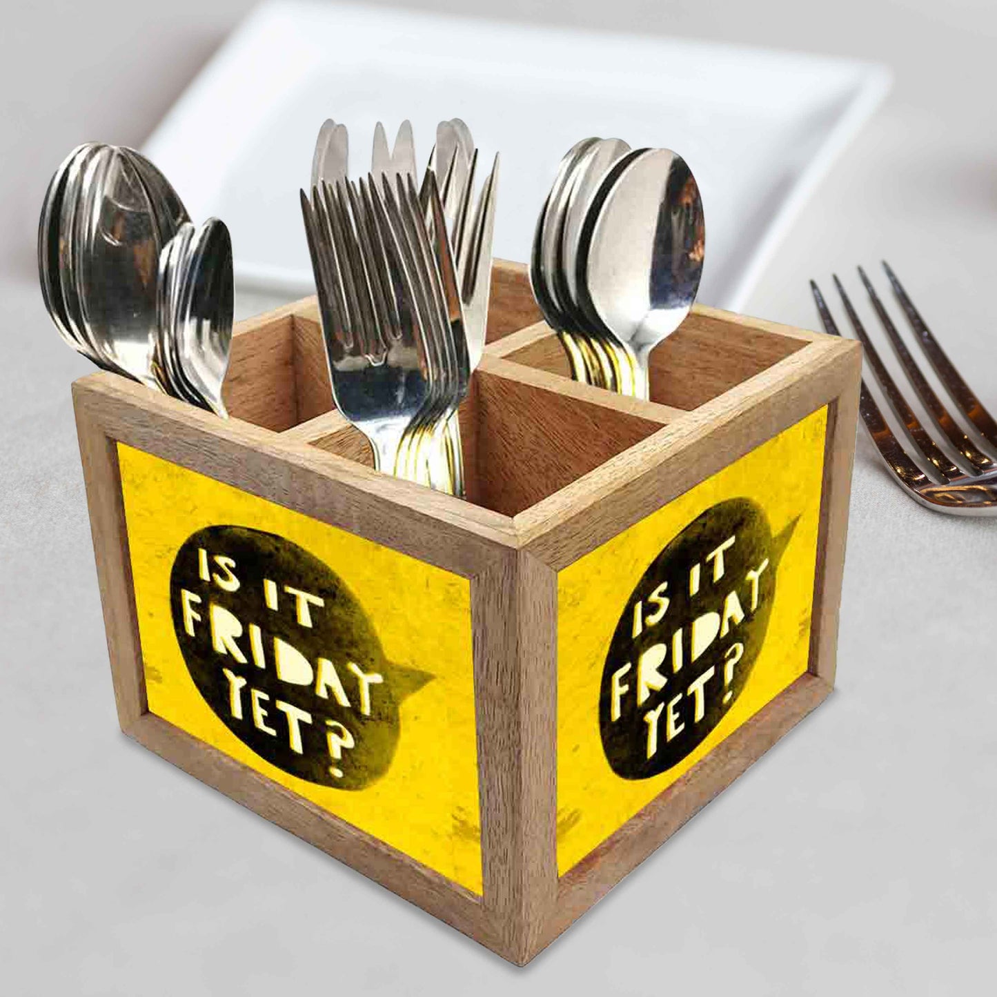 Is It Friday Yet Cutlery Holder Stand Silverware Caddy Organizer for Spoons, Forks & Knives-Made of Pinewood