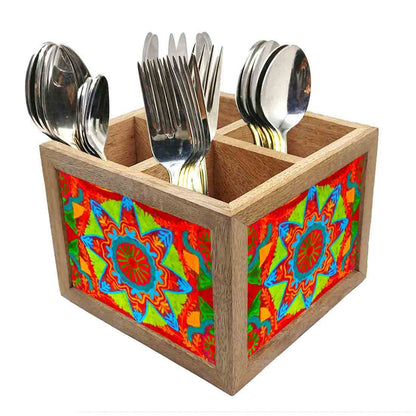 Indian Fabric Cutlery Holder Stand Silverware Caddy Organizer for Spoons, Forks & Knives-Made of Pinewood Nutcase