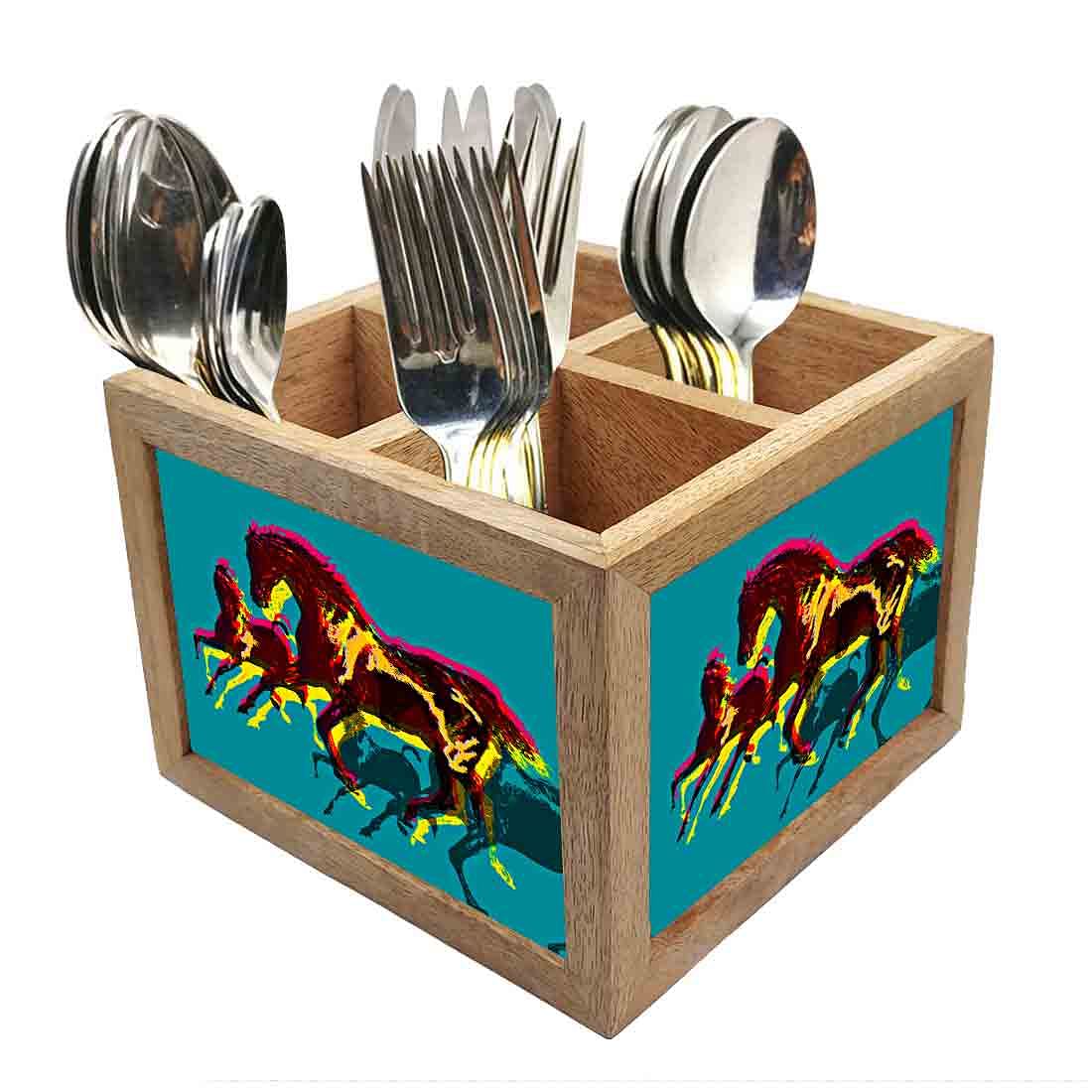 Power Horses Cutlery Holder Stand Silverware Caddy Organizer for Spoons, Forks & Knives-Made of Pinewood Nutcase