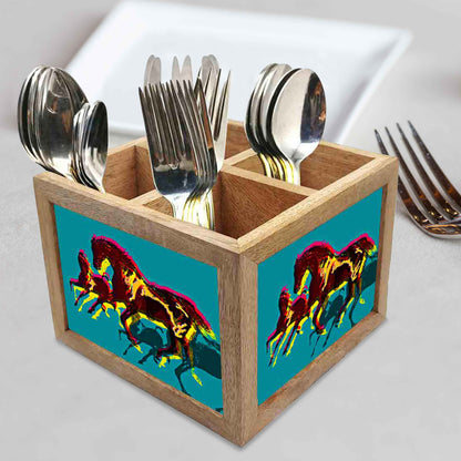 Power Horses Cutlery Holder Stand Silverware Caddy Organizer for Spoons, Forks & Knives-Made of Pinewood