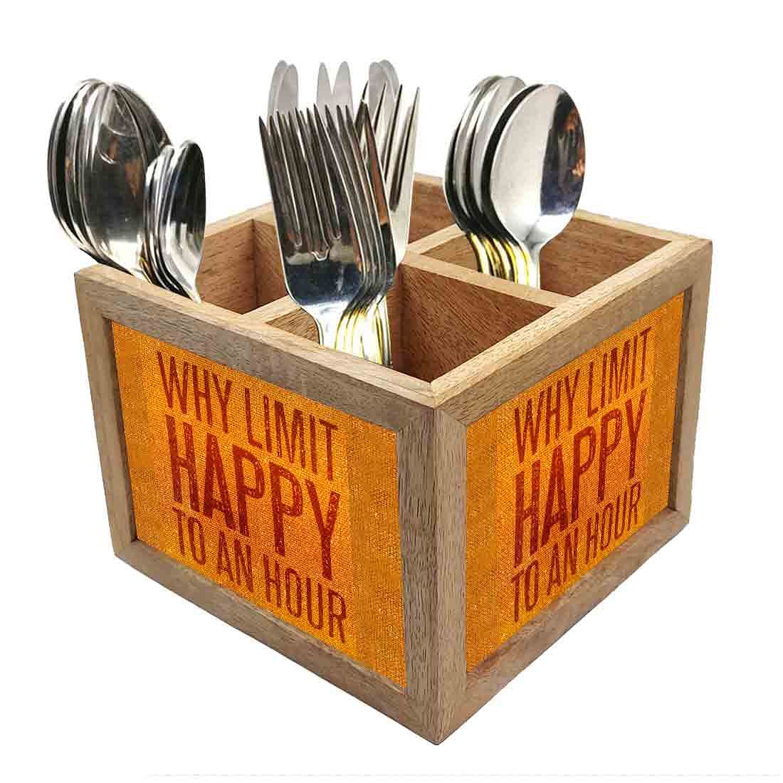 Why Limit Happy Cutlery Holder Stand Silverware Caddy Organizer for Spoons, Forks & Knives-Made of Pinewood Nutcase