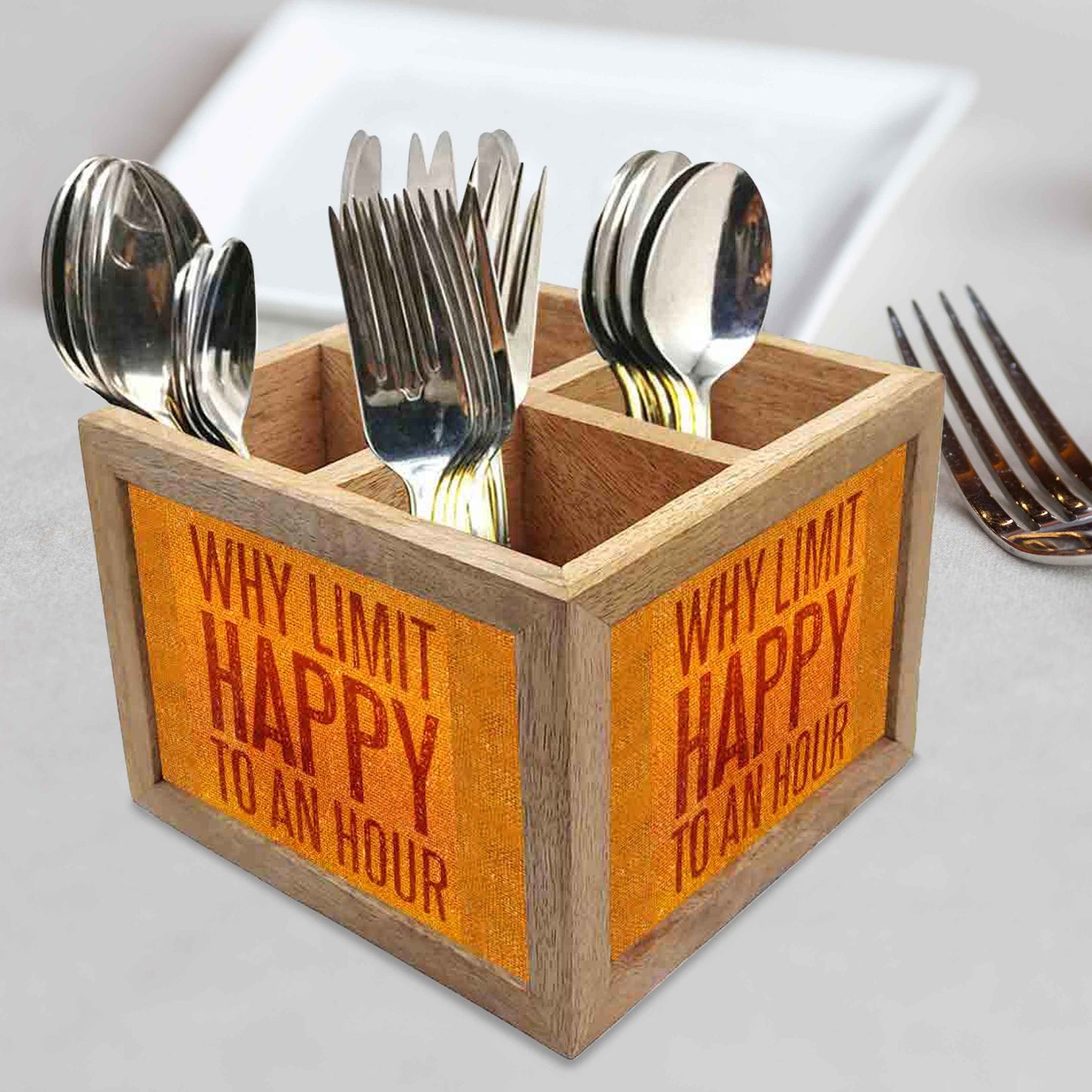 Why Limit Happy Cutlery Holder Stand Silverware Caddy Organizer for Spoons, Forks & Knives-Made of Pinewood