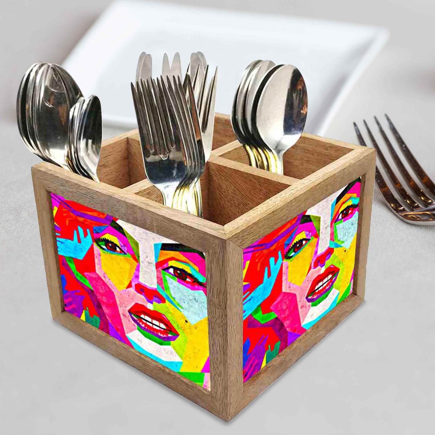 Marilyn Art Cutlery Holder Stand Silverware Caddy Organizer for Spoons, Forks & Knives-Made of Pinewood