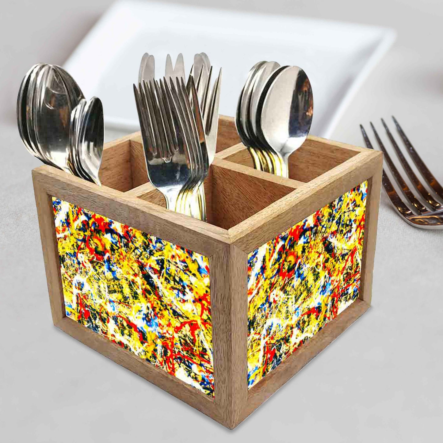 Pollock Cutlery Holder Stand Silverware Caddy Organizer for Spoons, Forks & Knives-Made of Pinewood